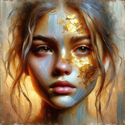 The primary subject of the image is a woman with long hair. She is wearing a gold paint on her face, which gives her a unique and artistic appearance. The setting is a painting, and the visual style is a combination of digital art and illustration. The colors in the painting are warm and vibrant, creating a mood of beauty and creativity.
